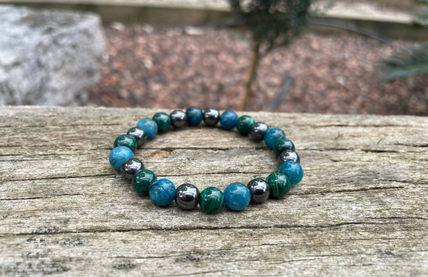 Bracelet de lithothérapie en Malachite, Hématite et Apatite 8 mm