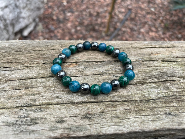 Bracelet de lithothérapie en Malachite, Hématite et Apatite 8 mm