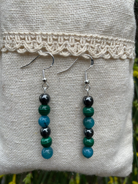 Boucles d'oreilles pendantes "Triple Protection" Malachite, Hématite et Apatite