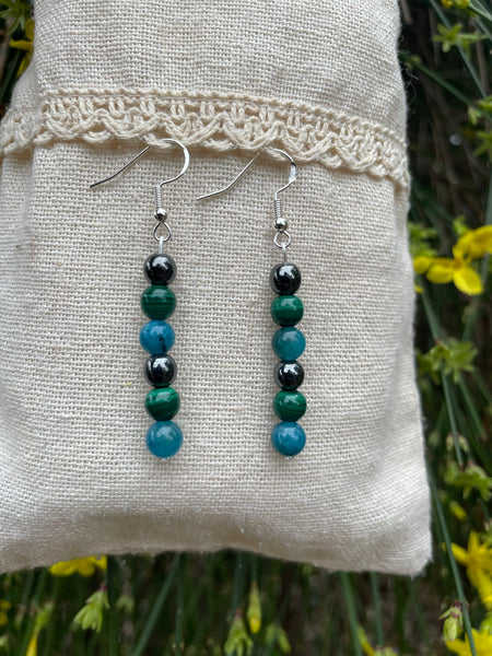 Boucles d'oreilles pendantes "Triple Protection" Malachite, Hématite et Apatite