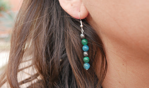 Boucles d'oreilles pendantes "Triple Protection" Malachite, Hématite et Apatite