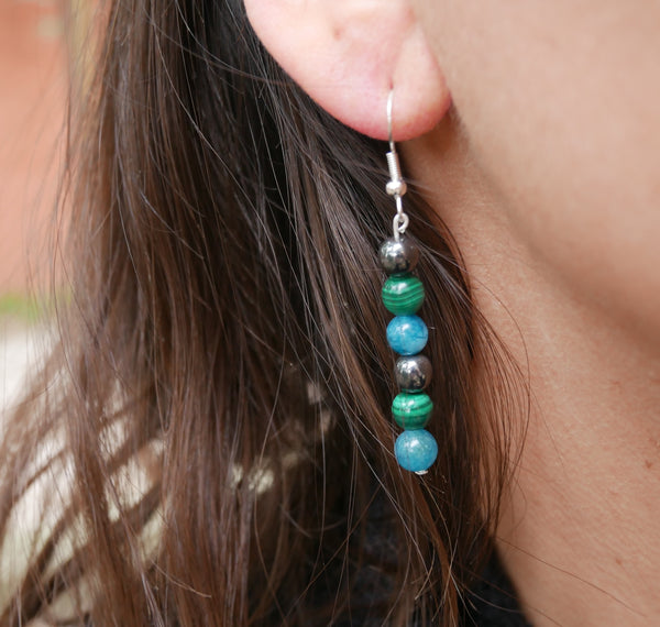 Boucles d'oreilles pendantes "Triple Protection" Malachite, Hématite et Apatite