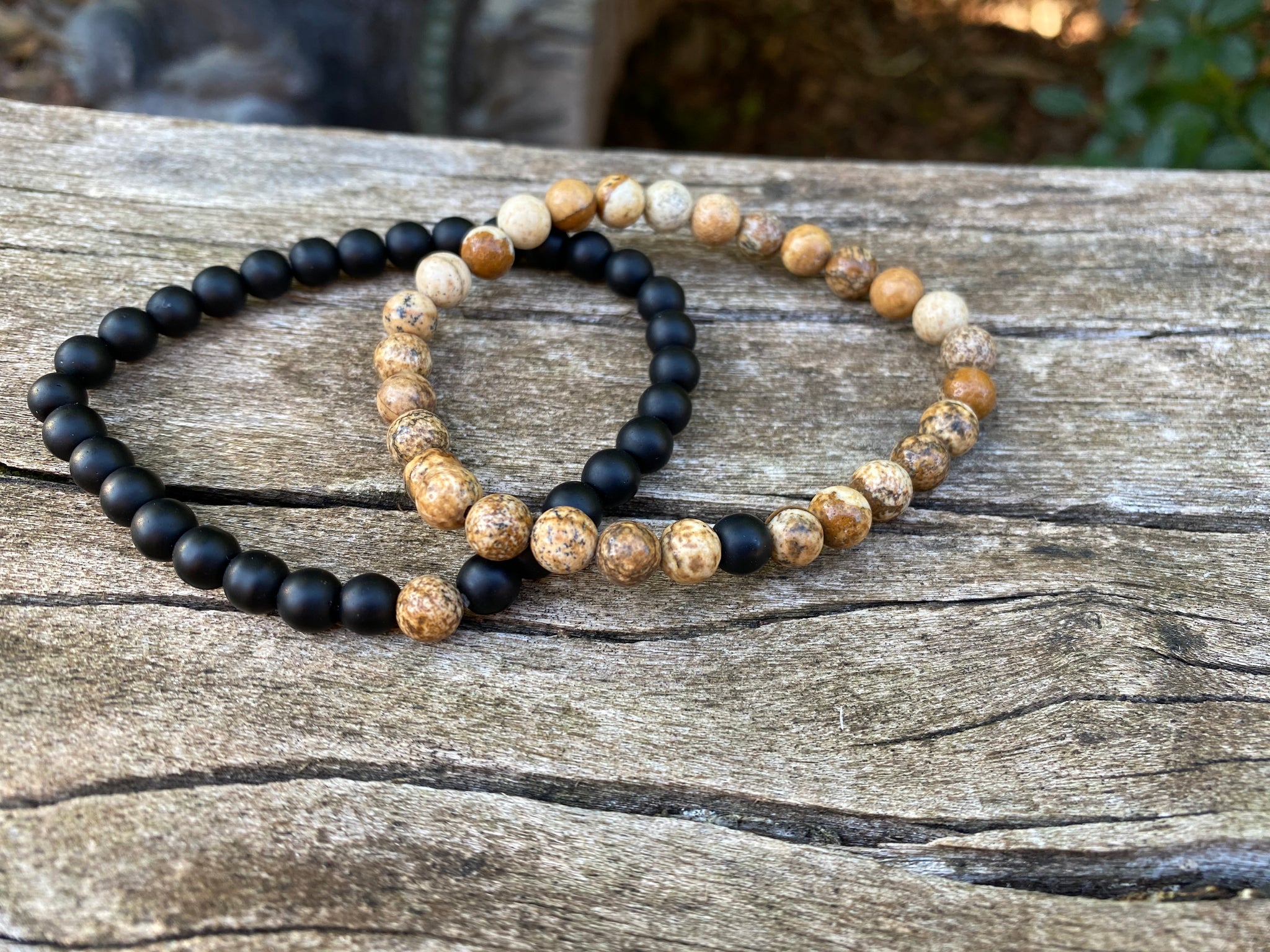 Bracelets élastiques de distance, de couple en Jaspe Image et Agate noire
