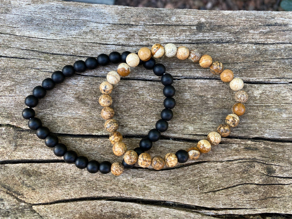 Bracelets élastiques de distance, de couple en Jaspe Image et Agate noire