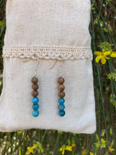 Boucles d'oreilles pendantes en Apatite naturelle et bois wengé