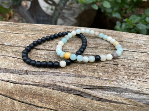 Bracelets élastiques de distance, de couple en Agate noire et Amazonite