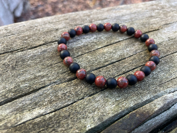 Bracelet élastique en Agate noire mate et Jaspe Rouge