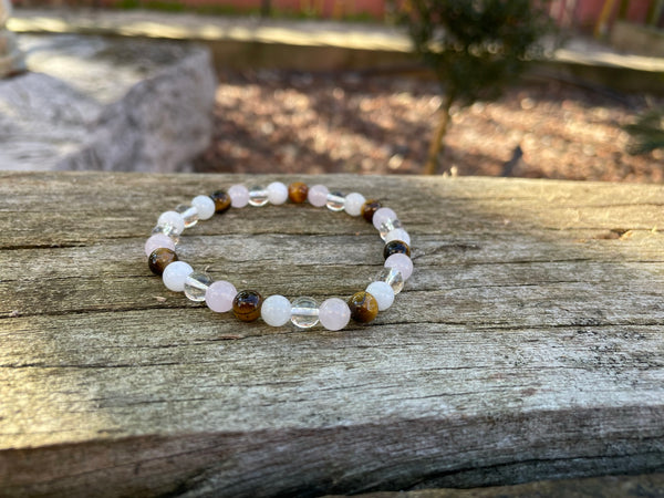 Bracelet élastique de Lithothérapie "Quatre Protections" Oeil de tigre, Quartz Rose, Pierre de lune et Cristal de Roche