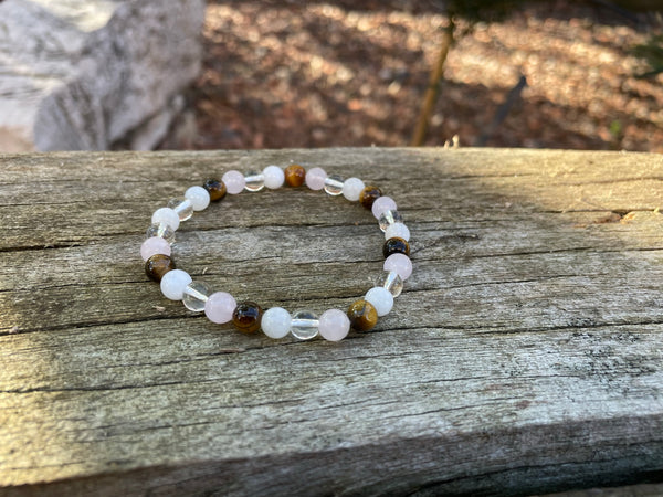 Bracelet élastique de Lithothérapie "Quatre Protections" Oeil de tigre, Quartz Rose, Pierre de lune et Cristal de Roche