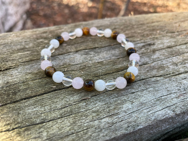 Bracelet élastique de Lithothérapie "Quatre Protections" Oeil de tigre, Quartz Rose, Pierre de lune et Cristal de Roche