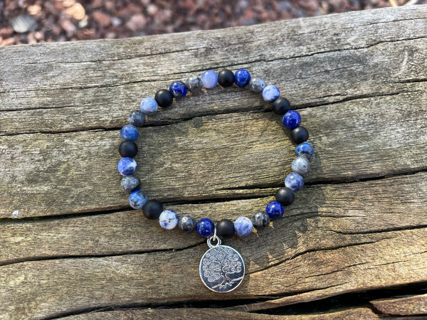 Bracelet élastique de Lithothérapie Multipierres Sodalite, Lapis Lazuli, Agate noire et Labradorite