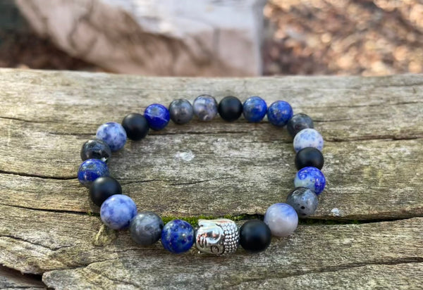 Bracelet élastique de Lithothérapie Multipierres Sodalite, Lapis Lazuli, Agate noire et Labradorite
