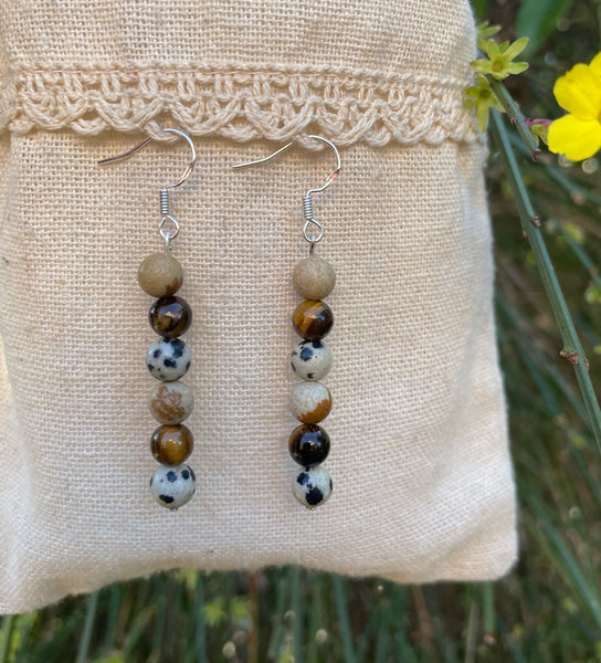 Boucles d'oreilles pendantes "Triple Protection" Oeil de Tigre, Jaspe Dalmatien et Jaspe paysage