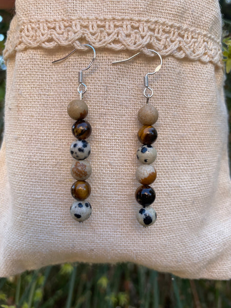 Boucles d'oreilles pendantes "Triple Protection" Oeil de Tigre, Jaspe Dalmatien et Jaspe paysage