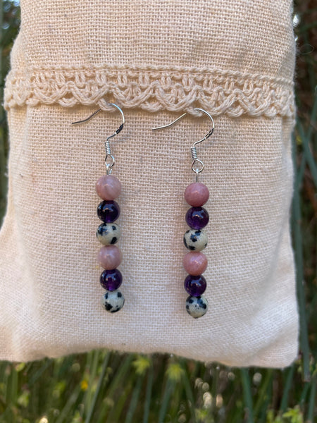 Boucles d'oreilles pendantes "Triple Protection" Améthyste, Jaspe Dalmatien et rhodochrosite
