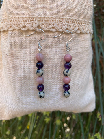 Boucles d'oreilles pendantes "Triple Protection" Améthyste, Jaspe Dalmatien et rhodochrosite