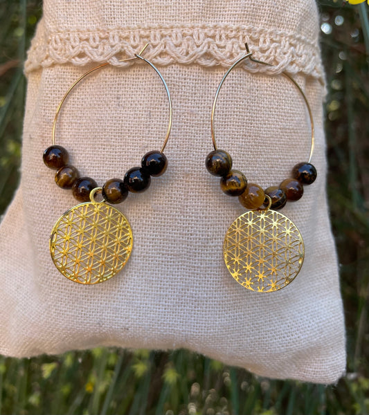 Boucles d'oreilles créoles en Oeil de Tigre et fleur de vie