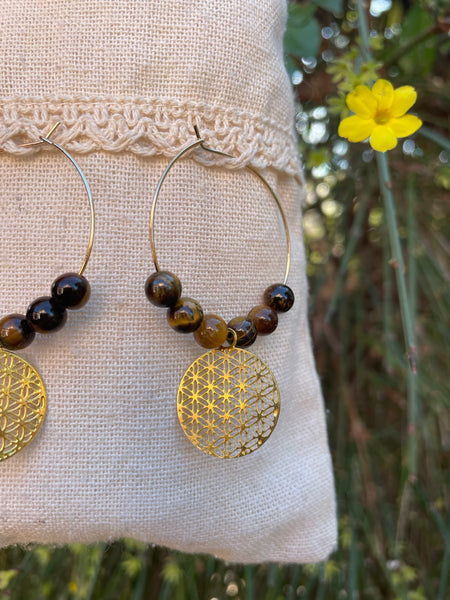 Boucles d'oreilles créoles en Oeil de Tigre et fleur de vie