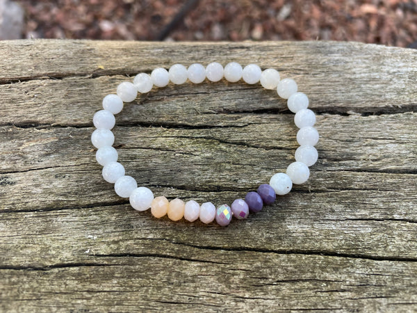 Bracelet élastique de lithothérapie en Pierre de Lune naturelle et perles de verre à facettes forme Oblate