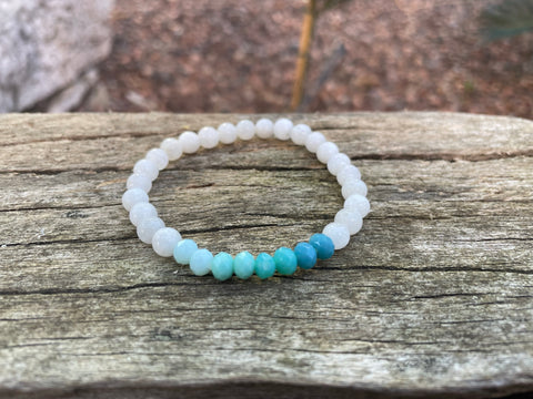 Bracelet élastique de lithothérapie en Pierre de Lune naturelle et perles de verre à facettes forme Oblate