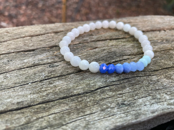 Bracelet élastique de lithothérapie en Pierre de Lune naturelle et perles de verre à facettes forme Oblate