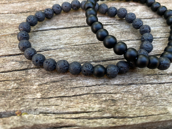 Bracelets élastiques de distance, de couple en Pierre de lave et Agate Noire