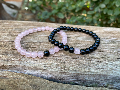 Bracelets élastiques de distance, de couple en Onyx et Quartz rose