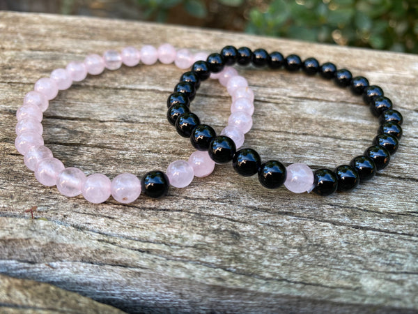 Bracelets élastiques de distance, de couple en Onyx et Quartz rose