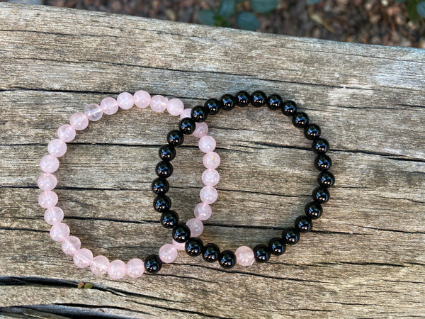 Bracelets élastiques de distance, de couple en Onyx et Quartz rose