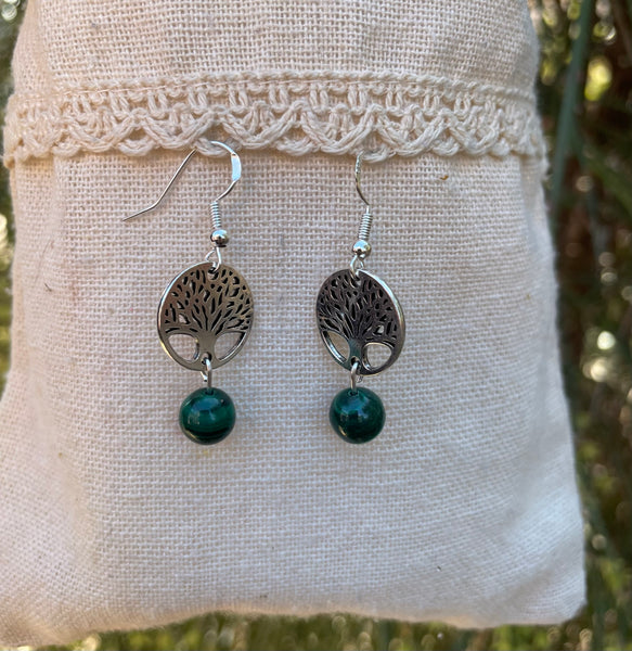 Boucles d'oreilles pendantes en Malachite et arbre de vie
