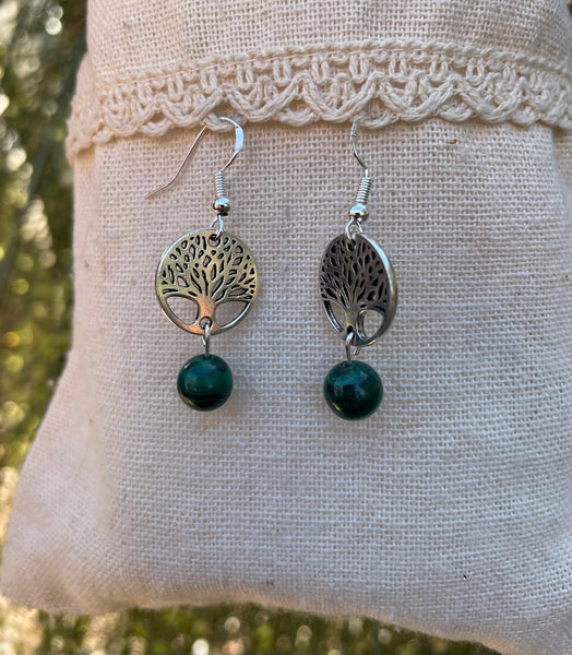 Boucles d'oreilles pendantes en Malachite et arbre de vie
