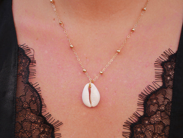 Collier fine chaîne dorée et coquillage Cauri
