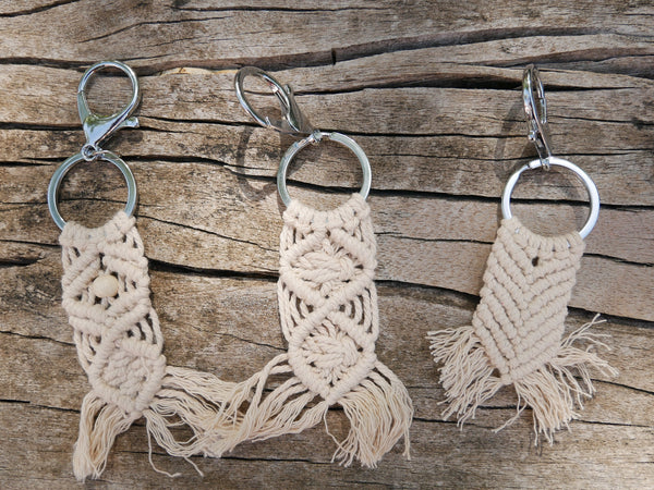 Porte-clés ou bijoux de sac à main en coton macramé beige, cadeau déménagement