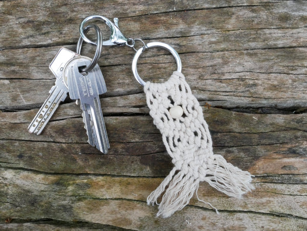Porte-clés ou bijoux de sac à main en coton macramé beige, cadeau déménagement