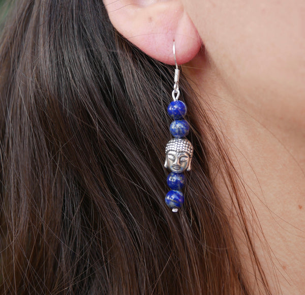 Boucles d'oreilles pendantes en Lapis Lazuli et tête de bouddha