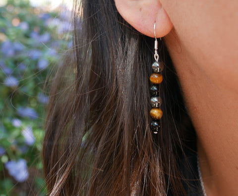 Boucles d'oreilles pendantes "Triple Protection" Oeil de Tigre, Hématite et Onyx noire