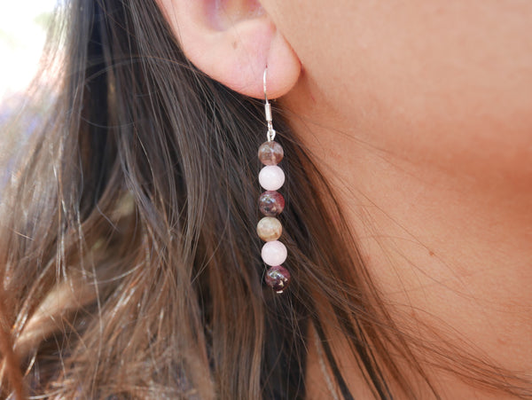 Boucles d'oreilles pendantes "Triple Protection" Quartz Rose, Grenat et Rhodonite