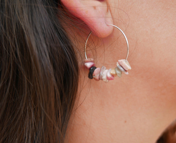 Boucles d'oreilles créoles en Rhodonite, perles chips