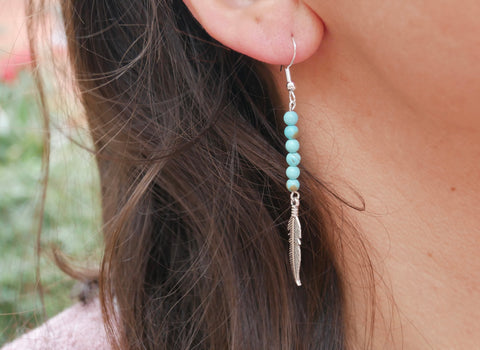 Boucles d'oreilles pendantes en Howlite Turquoise et plume