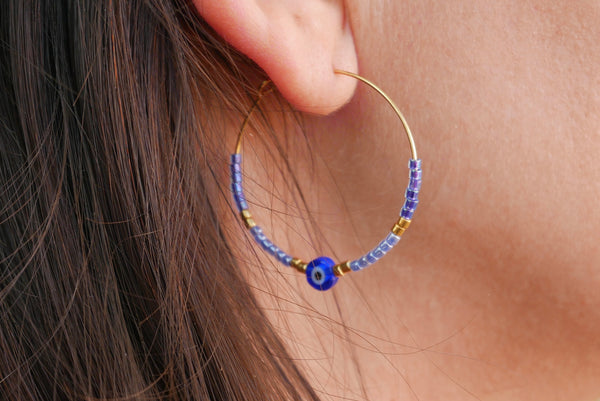 Boucles d'oreilles créoles en perles et Oeil Nazar Boncuk