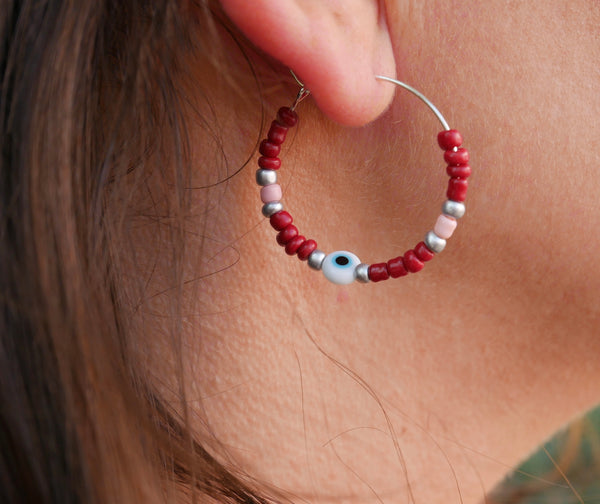 Boucles d'oreilles créoles en perles et Oeil Nazar Boncuk