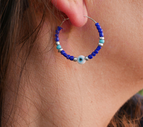 Boucles d'oreilles créoles en perles et Oeil Nazar Boncuk