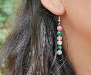Boucles d'oreilles pendantes "Triple Protection" Malachite, Quartz Rose et Rhodochrosite