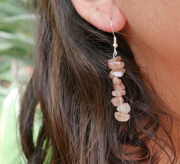 Boucles d'oreilles pendantes en Quartz Fraise, perles chips