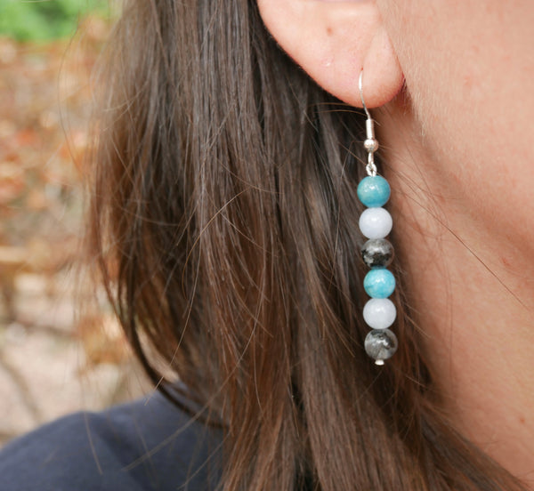 Boucles d'oreilles pendantes  "Triple Protection" Labradorite, Aigue Marine et Apatite