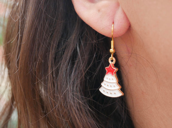 Boucles d'oreilles pendantes forme Sapin de Noël blanc