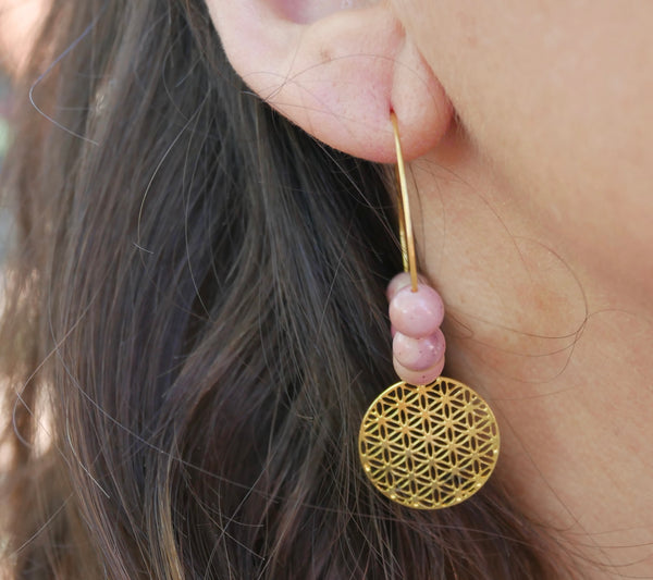 Boucles d'oreilles créoles en Rhodochrosite et fleur de vie