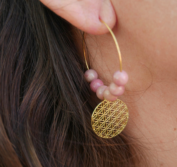 Boucles d'oreilles créoles en Rhodochrosite et fleur de vie