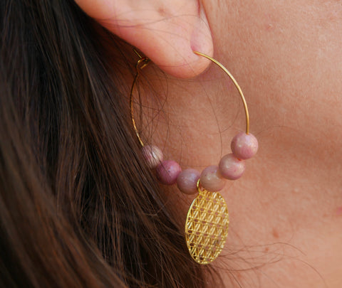 Boucles d'oreilles créoles en Rhodochrosite et fleur de vie