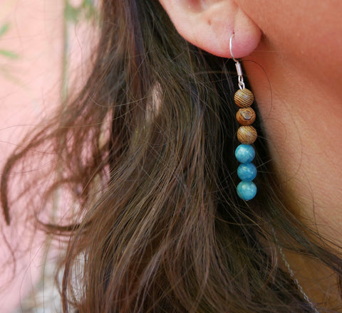 Boucles d'oreilles pendantes en Apatite naturelle et bois wengé